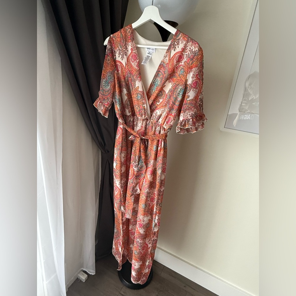 Paisley-Print Midi Wrap Dress in Coral